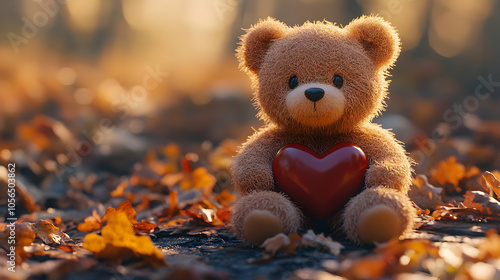 Teddy Bear Holding a Heart in a Fall Forest 3D Illustration