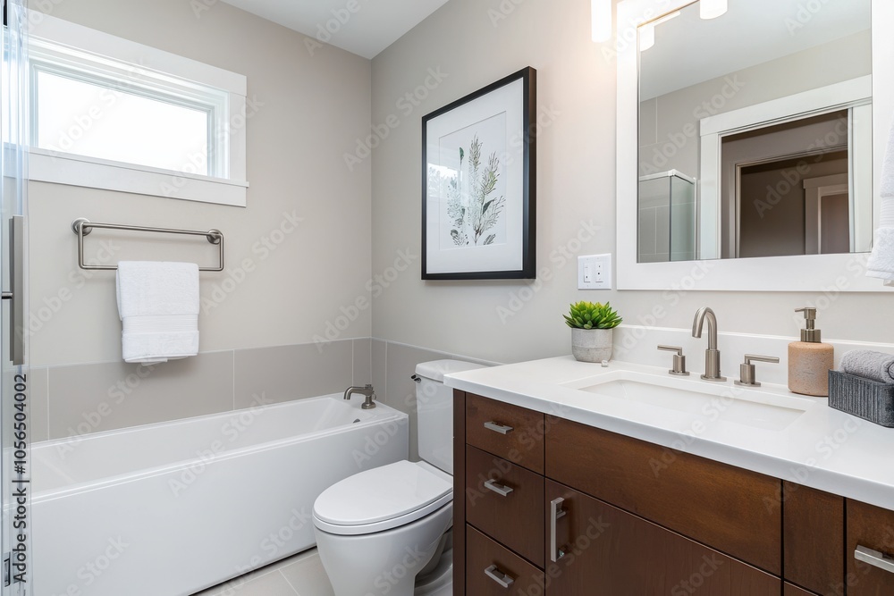 Modern bathroom featuring a sleek design with a neutral color palette and elegant fixtures. Modern bathroom featuring a sleek design with a neutral color palette and elegant fixtures.
