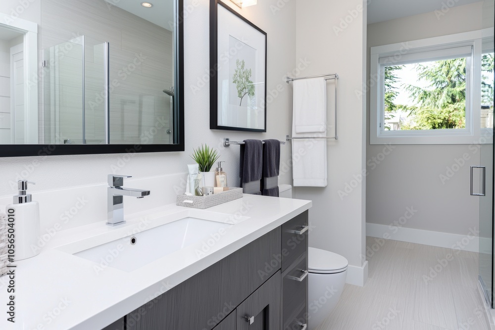 Modern bathroom with clean lines featuring a sleek vanity, neutral colors, and natural light. Modern bathroom with clean lines featuring a sleek vanity, neutral colors, and natural light.