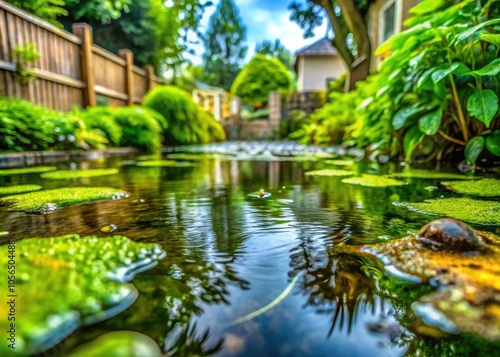 Water accumulation has created swamp-like conditions in the residential garden, leading to drainage issues and an unhealthy environment for plants and wildlife alike.