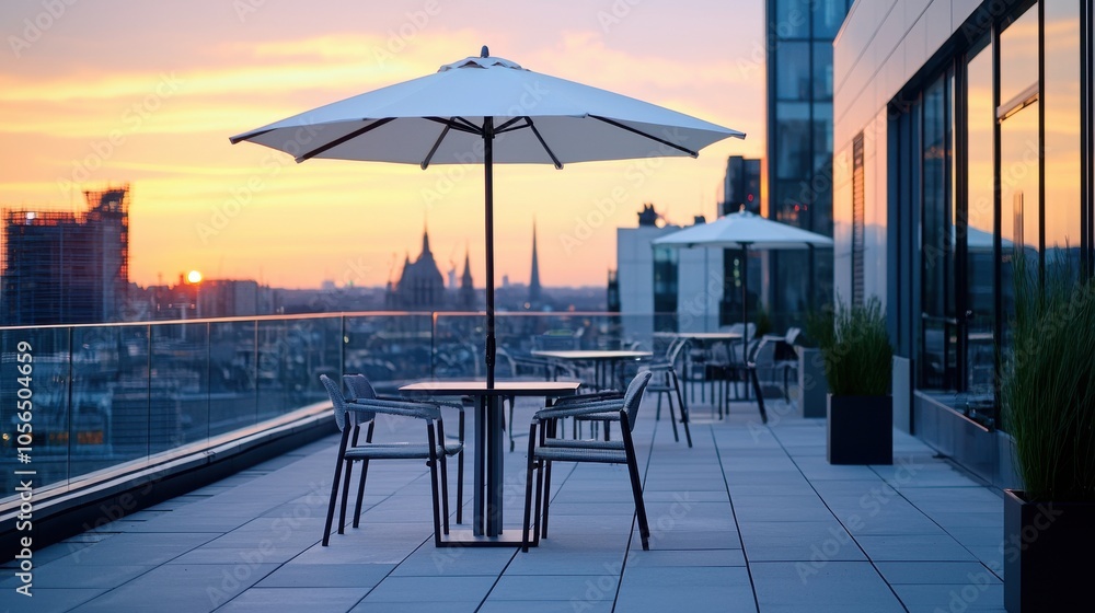 Fototapeta premium Stunning sunset view from a modern rooftop terrace with tables and chairs under large umbrellas.