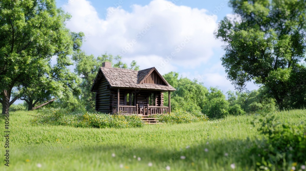 A serene wooden cabin surrounded by lush greenery and blooming flowers in a sunny landscape. A serene wooden cabin surrounded by lush greenery and blooming flowers in a sunny landscape.