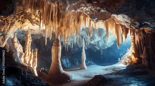 Glistening cave with stalactites and stalagmites, hyperrealistic photo. glistening cave. illustration. Cave with Stalactites. Illustration photo