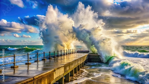 Waves violently collide with an aged concrete pier under a bright sky, sending splashes and bursts of white foam soaring into the air, creating a stunning scene.