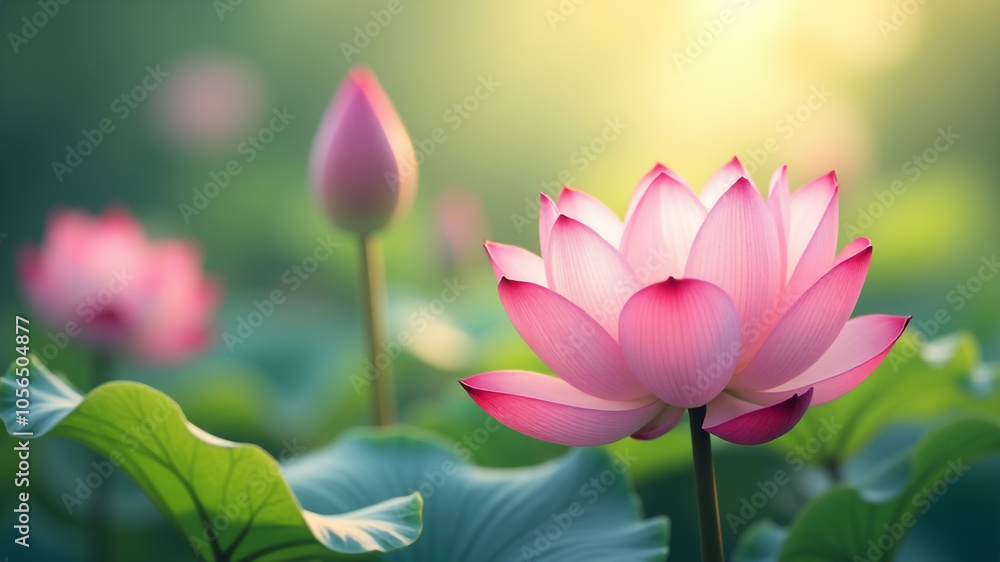 Obraz premium Beautiful Pink Lotus Flowers and Leaves in a Sunlit Pond.