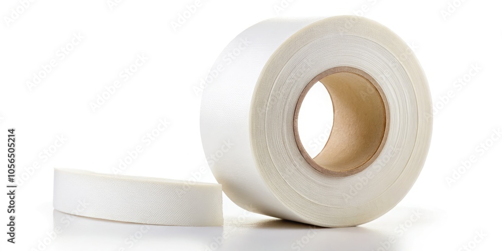White adhesive paper tape on a pristine white background, ideal for crafting and repairing projects, combines versatility and durability for all your needs. White adhesive paper tape on a pristine white background, ideal for crafting and repairing projects, combines versatility and durability for all your needs.