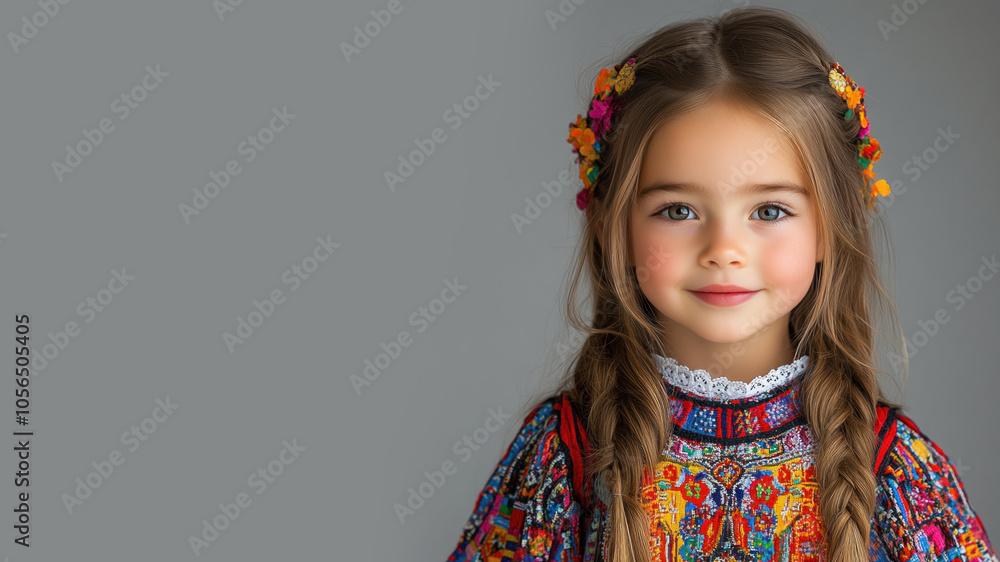 French little girl in traditional bunad folk costume isolated on gray French little girl in traditional bunad folk costume isolated on gray