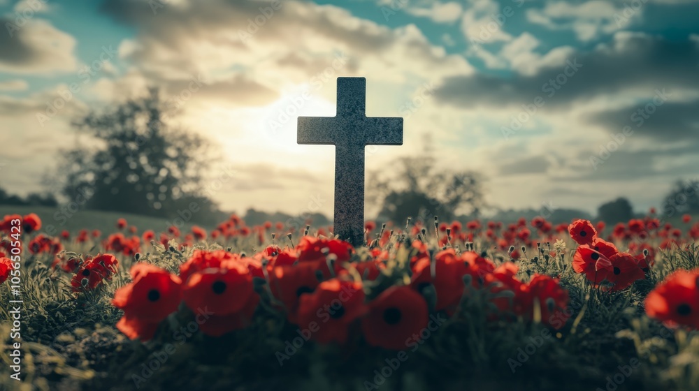 Cross Monument in Field of Red Poppies at Sunrise with Dramatic Sky and Clouds in the Background Cross Monument in Field of Red Poppies at Sunrise with Dramatic Sky and Clouds in the Background
