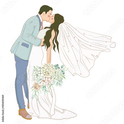 Sweet Cartoon Bride and Groom Kiss – A Moment of True Love