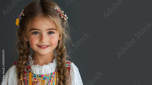 Germany little girl in traditional bunad folk costume isolated on gray