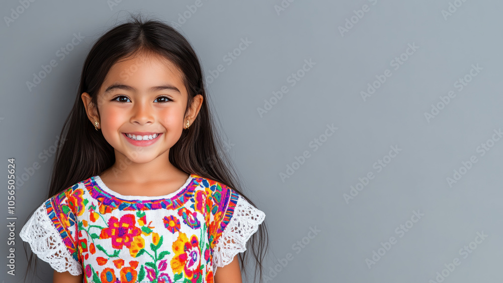 Hispanic little girl in traditional bunad folk costume isolated on gray Hispanic little girl in traditional bunad folk costume isolated on gray