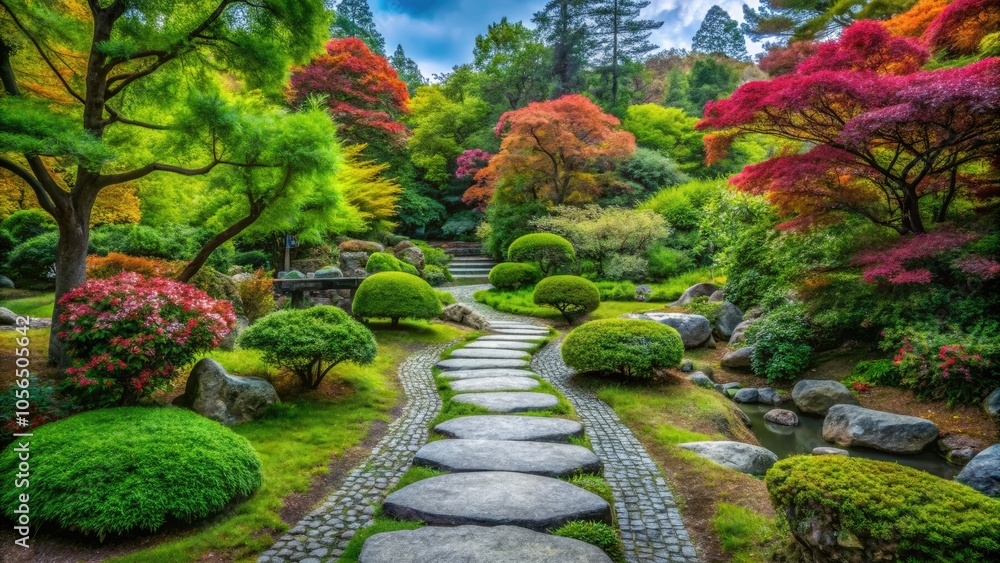 Obraz premium Winding gracefully through verdant foliage, a tranquil stone path unveils a serene landscape, beautifully framing the peaceful essence of a Japanese garden retreat.