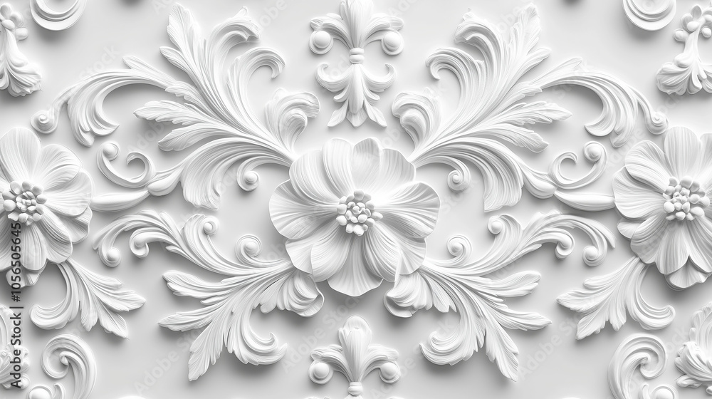 Intricate white floral relief pattern on textured white background Intricate white floral relief pattern on textured white background