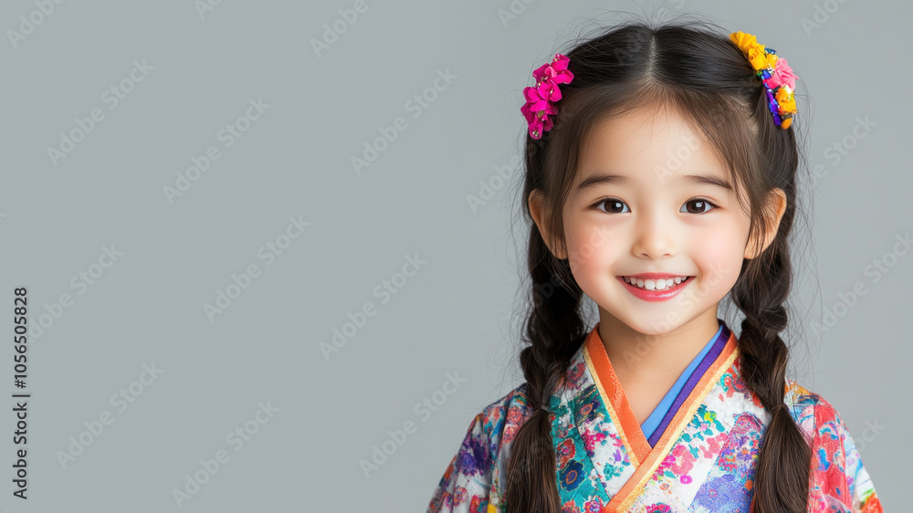 Japanese little girl in traditional bunad folk costume isolated on gray Japanese little girl in traditional bunad folk costume isolated on gray