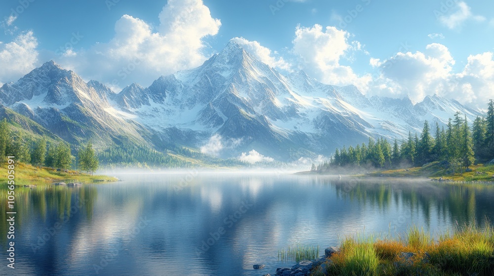 Serene mountain landscape with a calm lake and lush greenery. Serene mountain landscape with a calm lake and lush greenery.