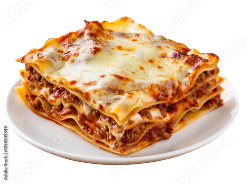 Delicious Italian meat lasagna on a plate on transparent background