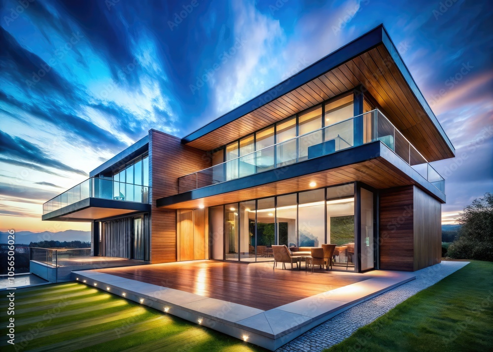 Modern house with wooden accents and large windows under a clear blue sky, showcasing a long exposure effect that highlights the architectural beauty and serene surroundings Modern house with wooden accents and large windows under a clear blue sky, showcasing a long exposure effect that highlights the architectural beauty and serene surroundings