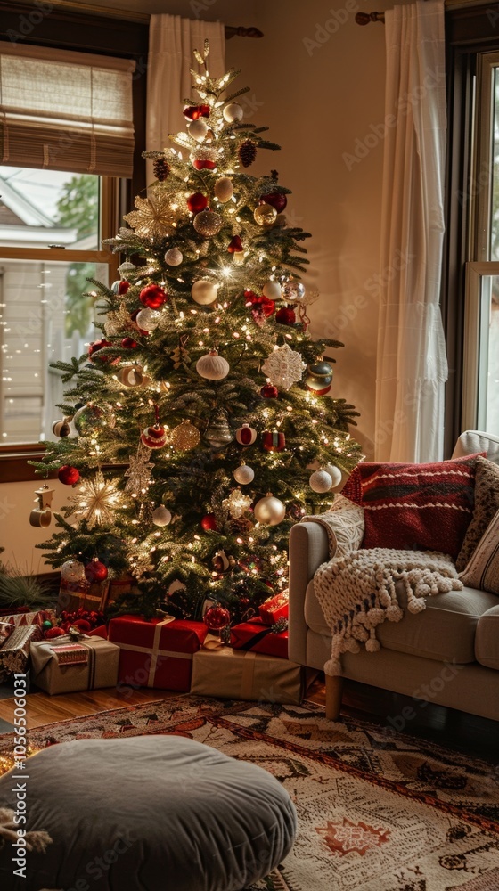 A Christmas tree is lit up in a living room with a couch and a pillow. Scene is warm and festive A Christmas tree is lit up in a living room with a couch and a pillow. Scene is warm and festive