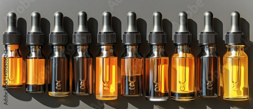 Eight Dropper Bottles with Amber Liquid.