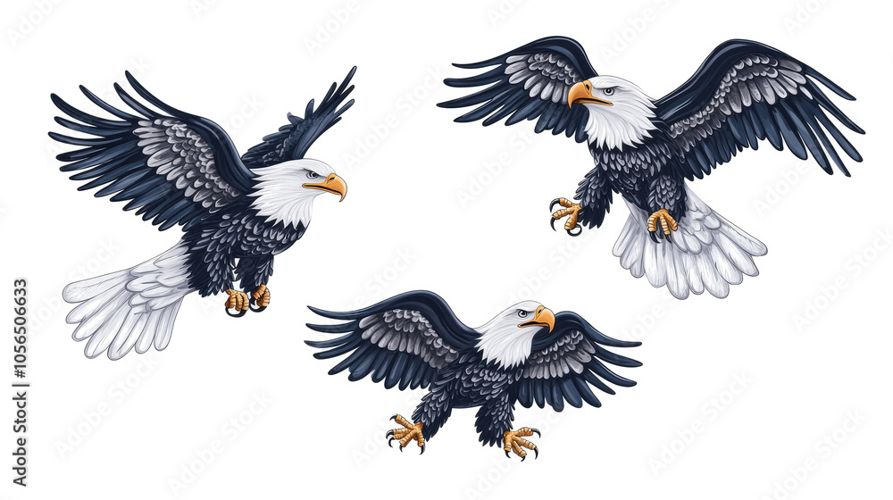 Fototapeta premium Bald Eagles Flying and Landing on a Clear Background Generative AI