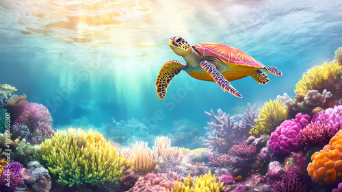 Fototapeta Naklejka Na Ścianę i Meble -  Fine art of a colorful coral reef with a turtle swimming in the morning glow of the great barrier reef. great barrier reef. illustration. Coral Reef at Dawn. Illustration