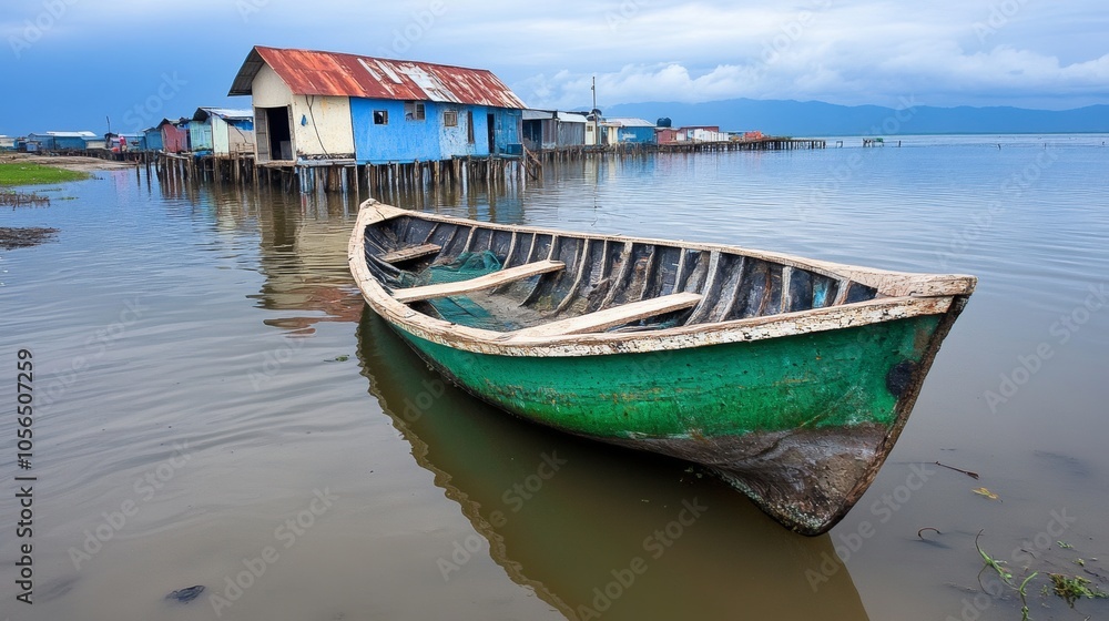 Rustic Green Rowboat Moored Near Stilt Houses on a Calm Lake Rustic Green Rowboat Moored Near Stilt Houses on a Calm Lake