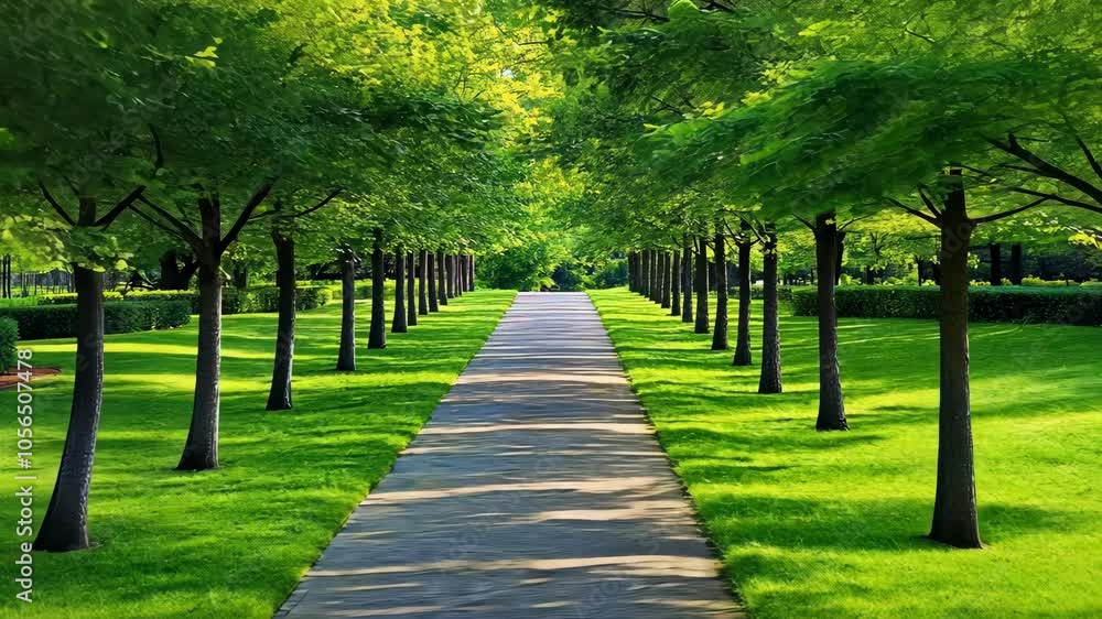A paved path lined with trees extends through a park on a sunny day A paved path lined with trees extends through a park on a sunny day