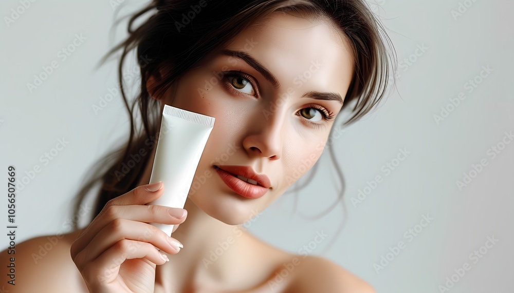 Woman holding skin cream on white background Woman holding skin cream on white background
