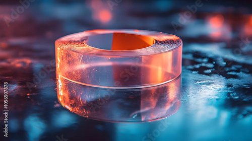 Clear Adhesive Tape Roll with Red and Blue Lights Reflection - Still Life Photography