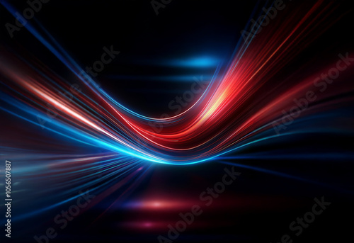 Abstract digital artwork depicting a wave of red and blue light streaks on a dark background.