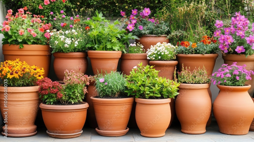 Vibrant Flower Pots in Garden Arrangement Vibrant Flower Pots in Garden Arrangement