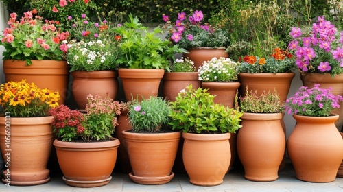 Vibrant Flower Pots in Garden Arrangement