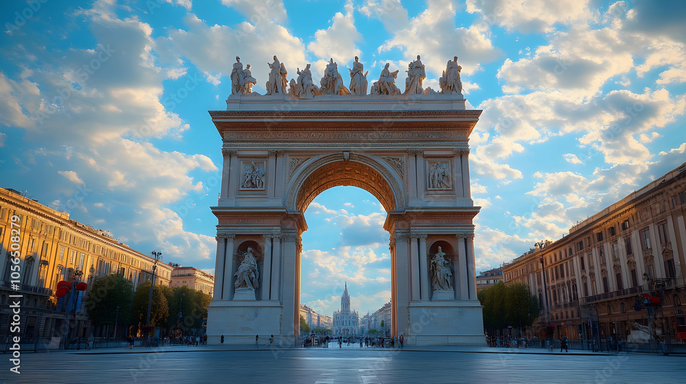 Obraz premium Triumphal Arch with Cloudy Sky - City Architecture Photo