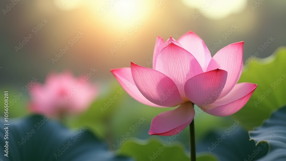 Beautiful Pink Lotus Flowers and Leaves in a Sunlit Pond. Beautiful Pink Lotus Flowers and Leaves in a Sunlit Pond.