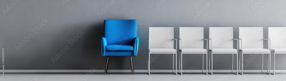 Fototapeta premium Row of chairs with one blue chair standing out among white ones, set against a simple gray wall, concept of individuality and uniqueness, midcentury modern style