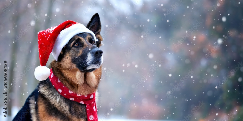 A German Shepherd dog wearing a Santa hat and red scarf looks up in the snowy winter outdoors. The dogs fur is brown and black, and the background is blurred out. A German Shepherd dog wearing a Santa hat and red scarf looks up in the snowy winter outdoors. The dogs fur is brown and black, and the background is blurred out.