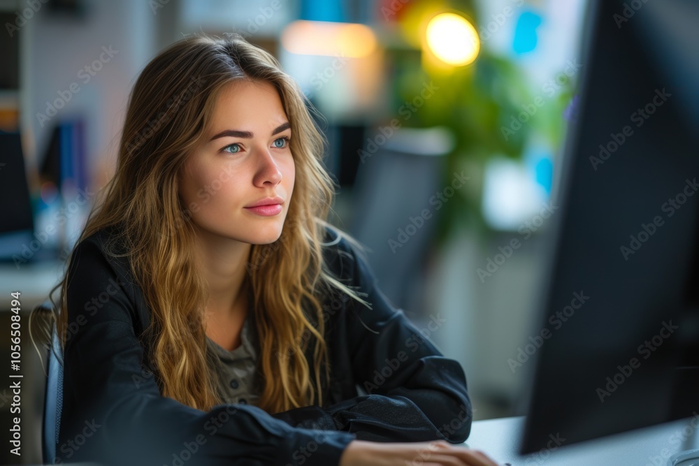 Young woman with long hair focused on computer work in a bright office environment during the day Young woman with long hair focused on computer work in a bright office environment during the day