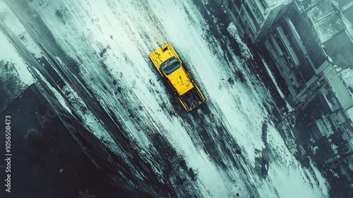 Yellow Car on Snowy Urban Street from Above