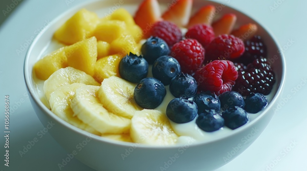 Healthy yogurt bowl topped with fresh berries and sliced fruits, delicious breakfast aesthetic Healthy yogurt bowl topped with fresh berries and sliced fruits, delicious breakfast aesthetic