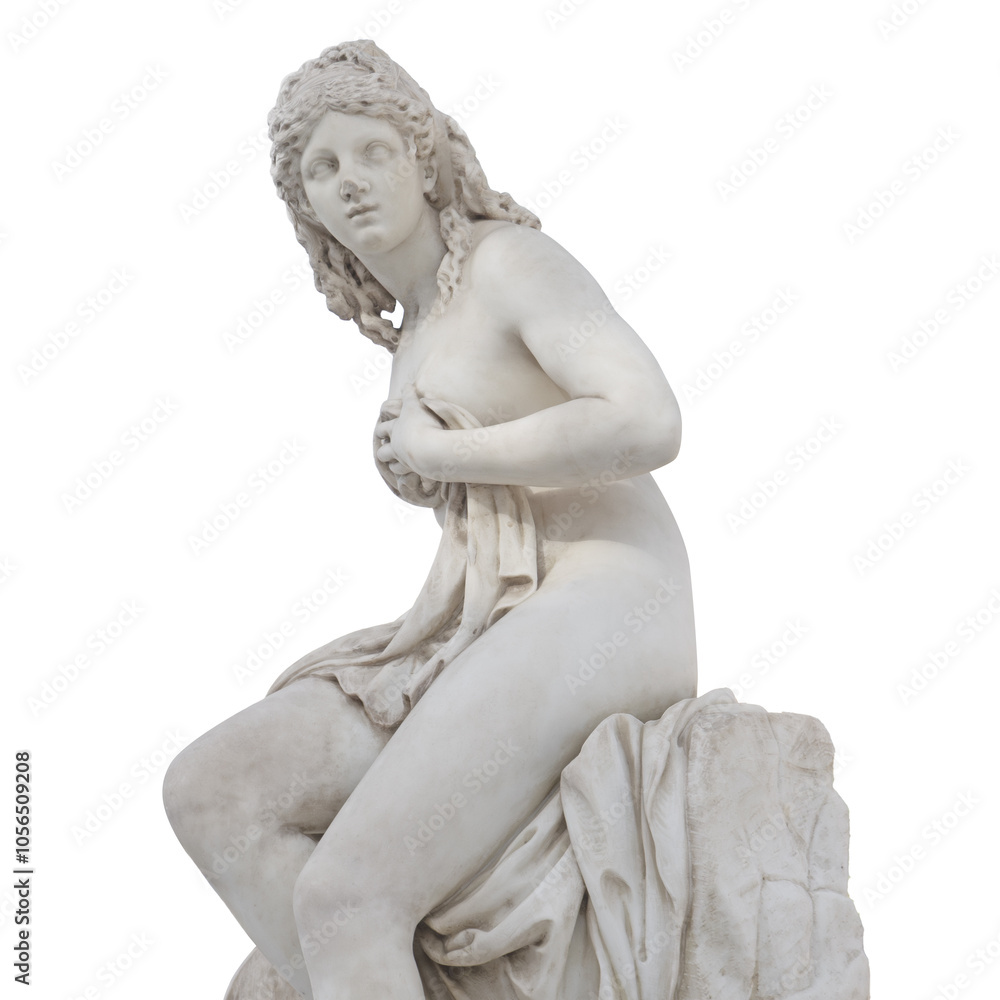 Stone statue of Aphrodite Greek goddess of love with sheep pet monument isolated on white background Stone statue of Aphrodite Greek goddess of love with sheep pet monument isolated on white background