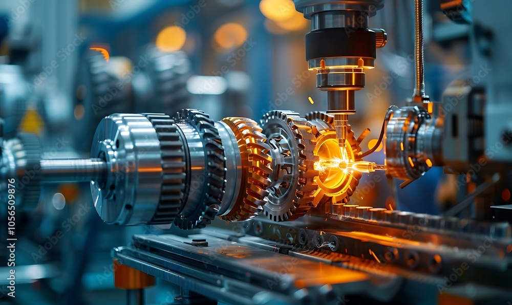 A close-up view of a precision machinery setup with gears and metal components, showcasing intricate engineering and a dynamic manufacturing process.