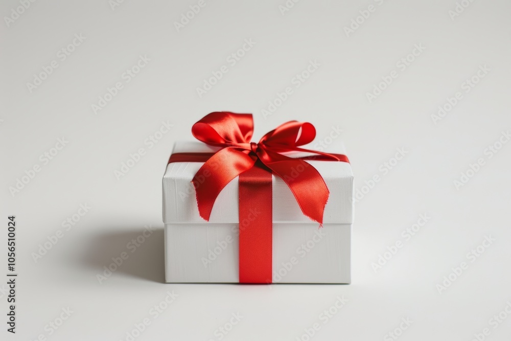 A white box with a red ribbon on top. The box is empty and ready to be opened A white box with a red ribbon on top. The box is empty and ready to be opened