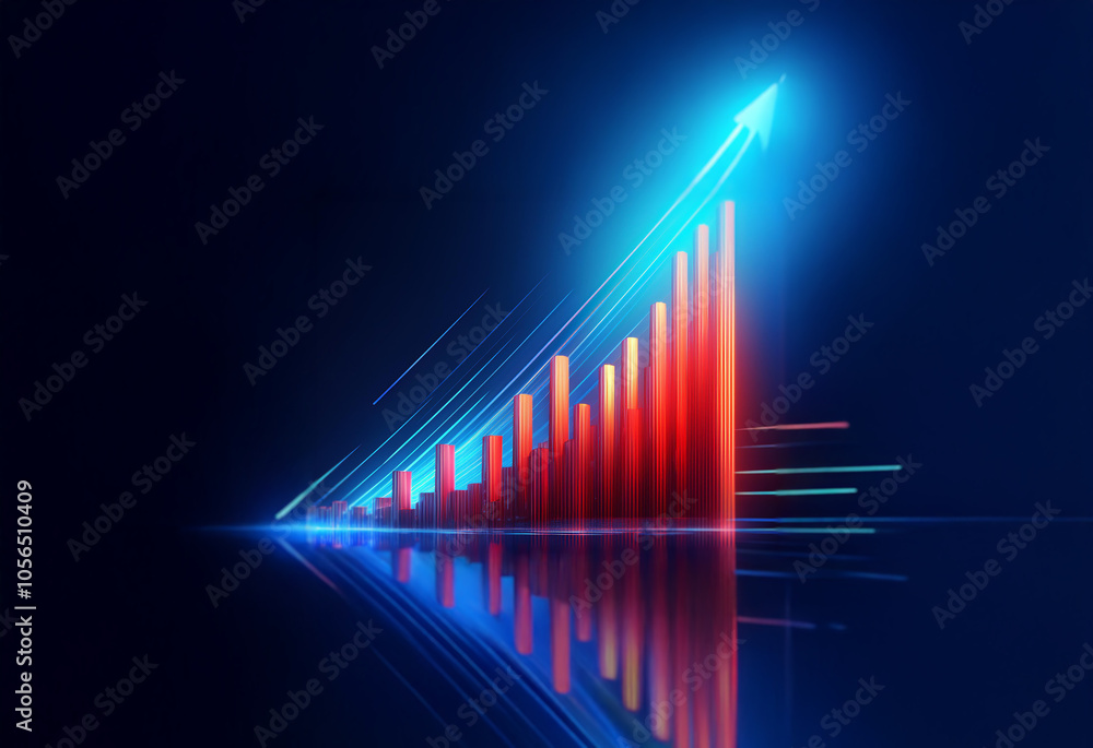 A red and blue bar graph with a diagonal blue arrow rising upward, reflecting on a dark blue surface. A red and blue bar graph with a diagonal blue arrow rising upward, reflecting on a dark blue surface.