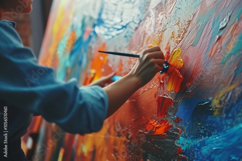 Innovative female artist creates vibrant abstract artwork in her studio during a bright afternoon