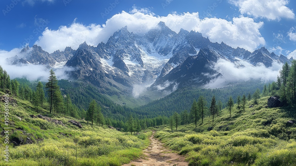 A winding dirt path leads through a lush valley towards a towering snow-capped mountain range. The mountains are partially obscured by clouds, creating a sense of mystery and grandeur. A winding dirt path leads through a lush valley towards a towering snow-capped mountain range. The mountains are partially obscured by clouds, creating a sense of mystery and grandeur.