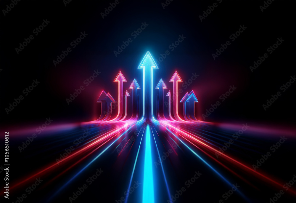 A dark background with multiple glowing neon arrows pointing upwards in a forward direction. A dark background with multiple glowing neon arrows pointing upwards in a forward direction.