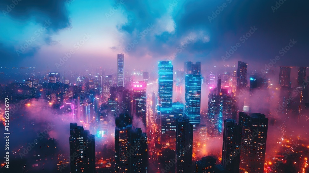 Obraz premium Vibrant cyberpunk city skyline with colorful lights and futuristic buildings under a smoky sky