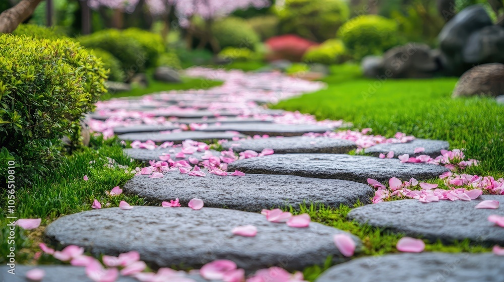 Serene Pathway Adorned with Pink Petals in Garden Serene Pathway Adorned with Pink Petals in Garden