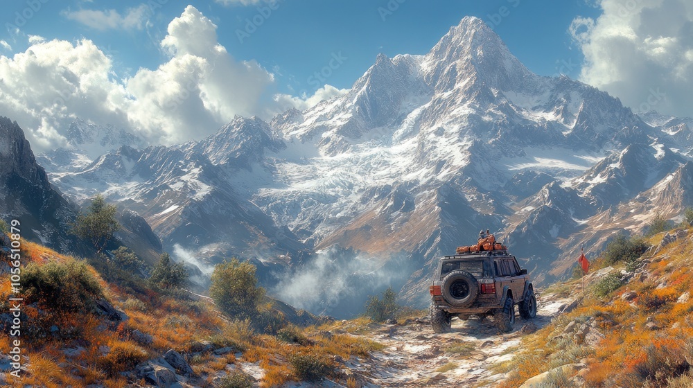 Scenic mountain landscape with a vehicle on a rugged path. Scenic mountain landscape with a vehicle on a rugged path.