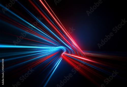 Abstract image with red and blue light streaks converging in the center of a dark background.